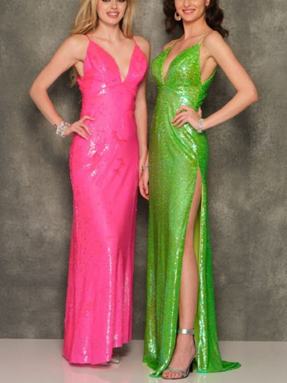 New Dave & Johnny Neon Lime Green Sequin Plunge Evening Gown